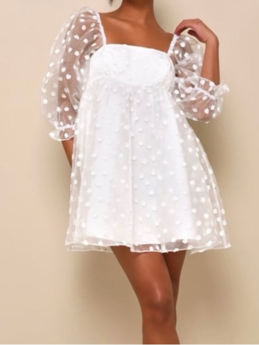 Lulu's White Swiss Dot Mini Skirted Dress with Puff Sleeves